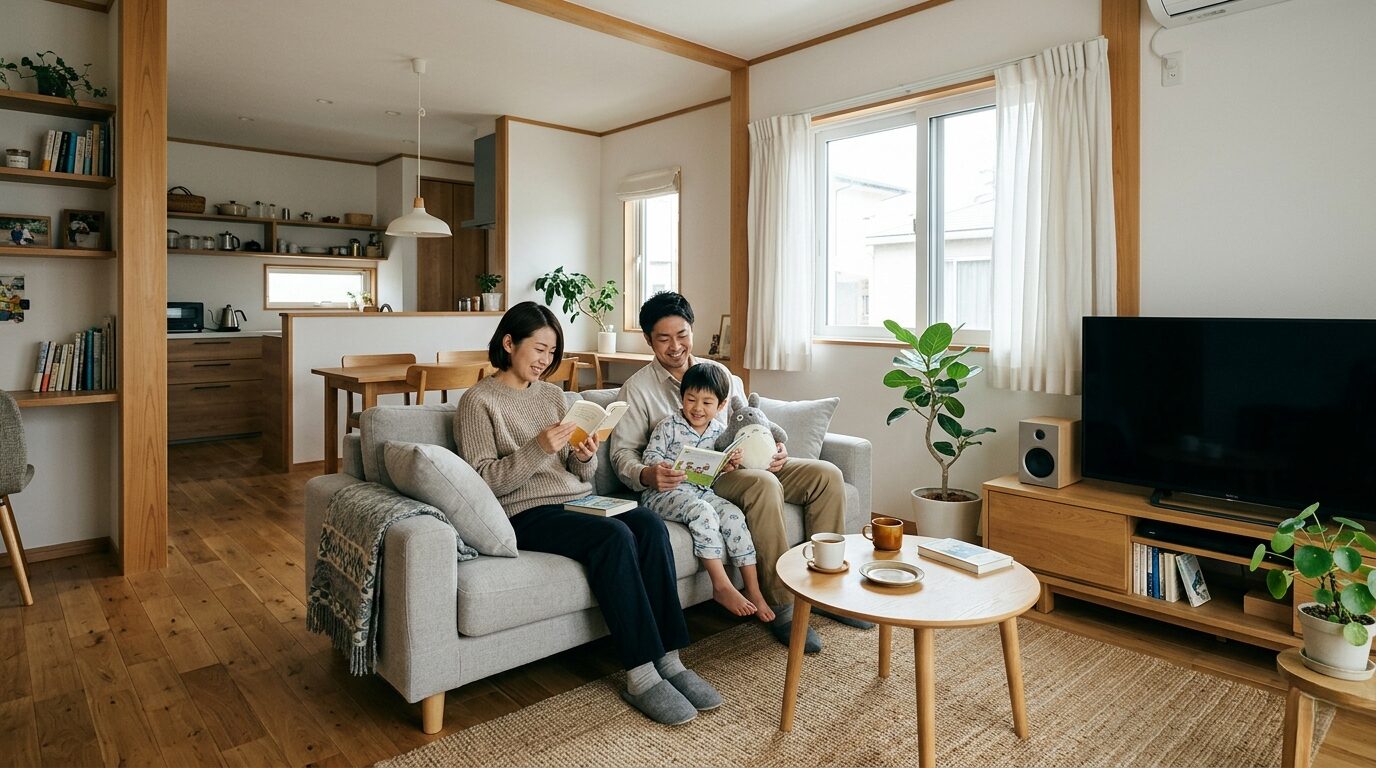 明るいリビングでくつろぐ家族、家づくりの資金計画を立てるイメージ