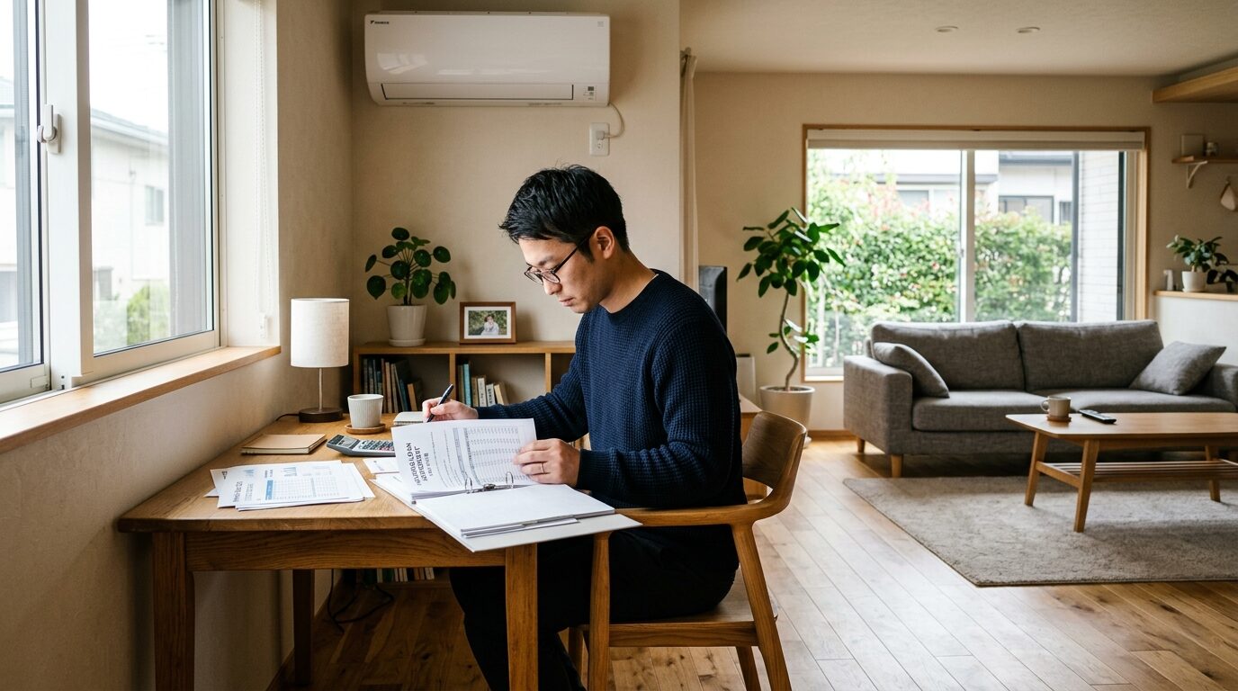 自宅のデスクで住宅ローンの計画を検討する様子