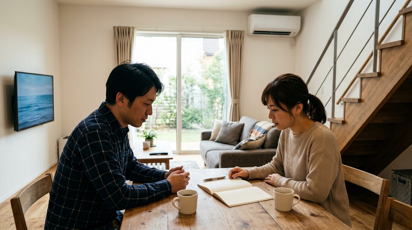 ダイニングテーブルでノートを広げ、リビング階段の間取りや寒さ対策について真剣に相談する夫婦