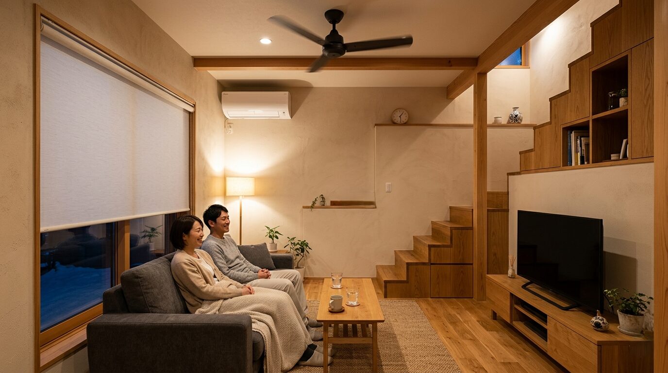 高気密・高断熱の性能により、エアコンとシーリングファンで冬でも暖かく快適なリビング空間