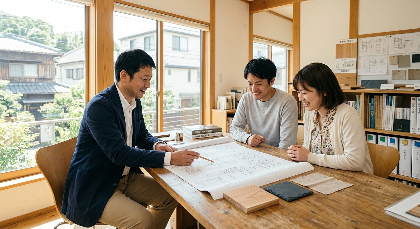 日本の工務店で図面を見ながら打ち合わせをする様子