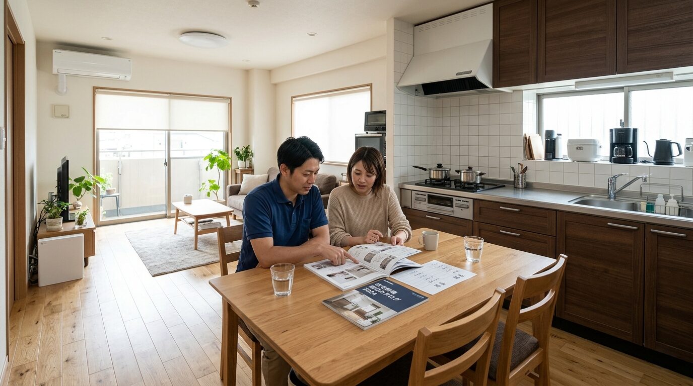 モダンな20畳のLDKでダイニングテーブルに座り、住宅設備のカタログを見ながら予算について話し合う夫婦