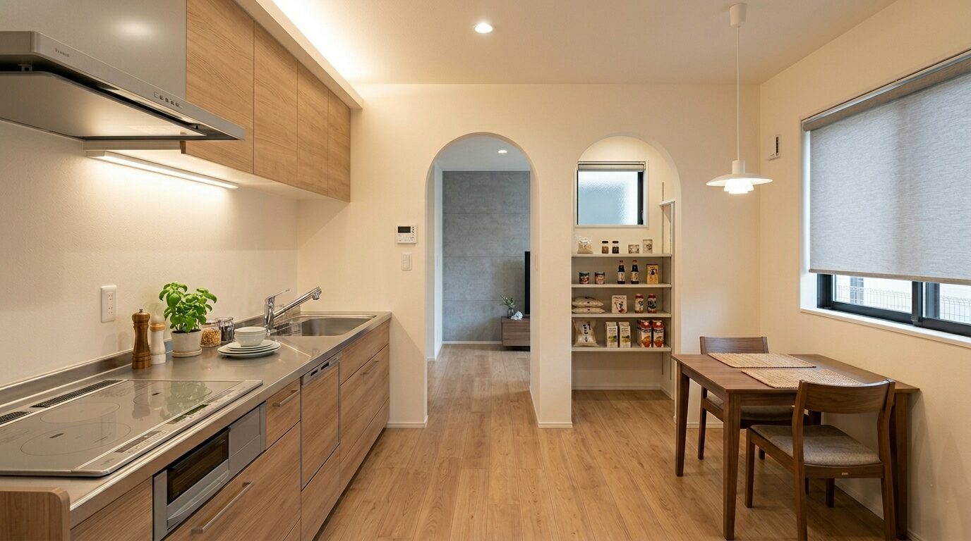 キッチンの奥に設けられた、建具をなくしてコストダウンを図った扉のないアーチ型のパントリー