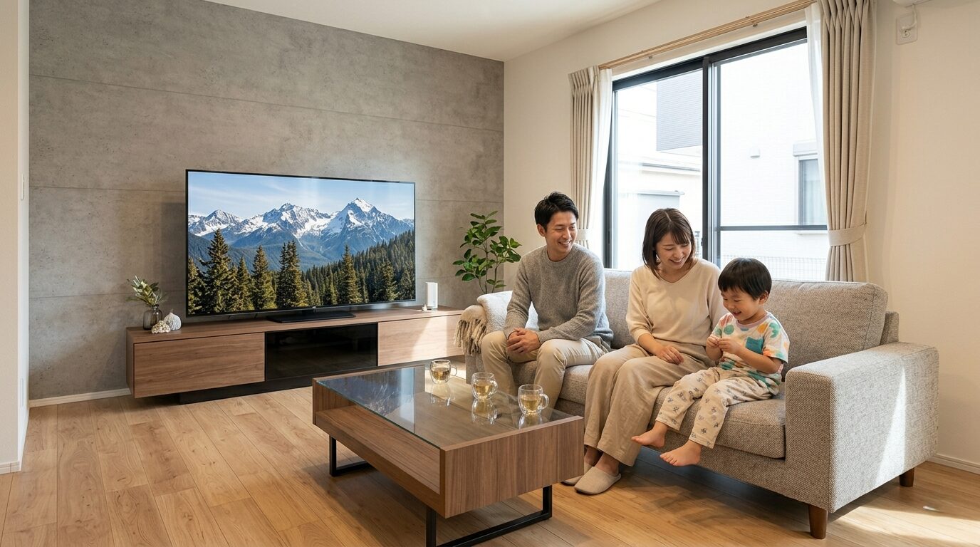 高気密・高断熱の快適なリビングで、薄着のままリラックスして過ごす家族3人とローテーブルの様子