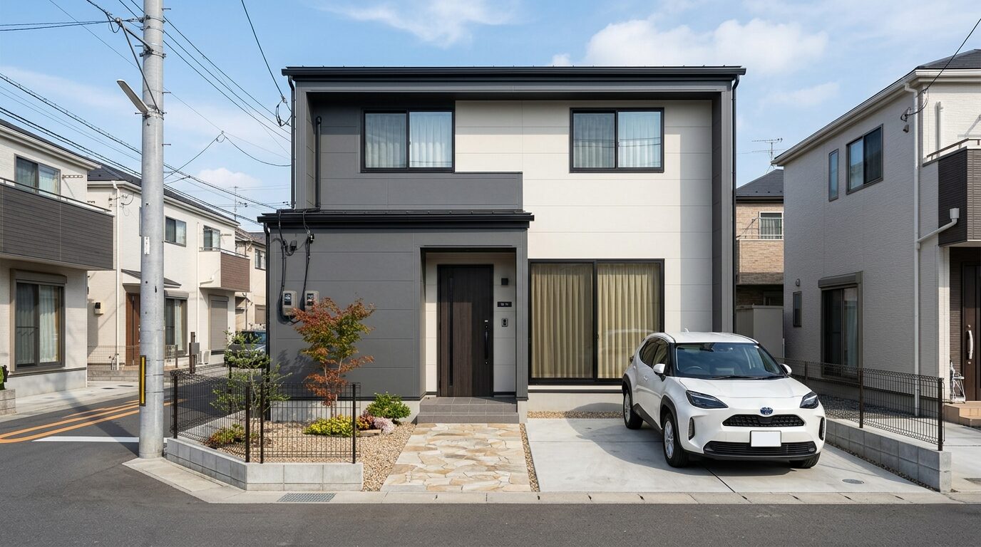 建築費用を抑えやすいシンプルな総2階建てデザインのモダンな戸建て住宅と、リビング前に配置された1台分の駐車場