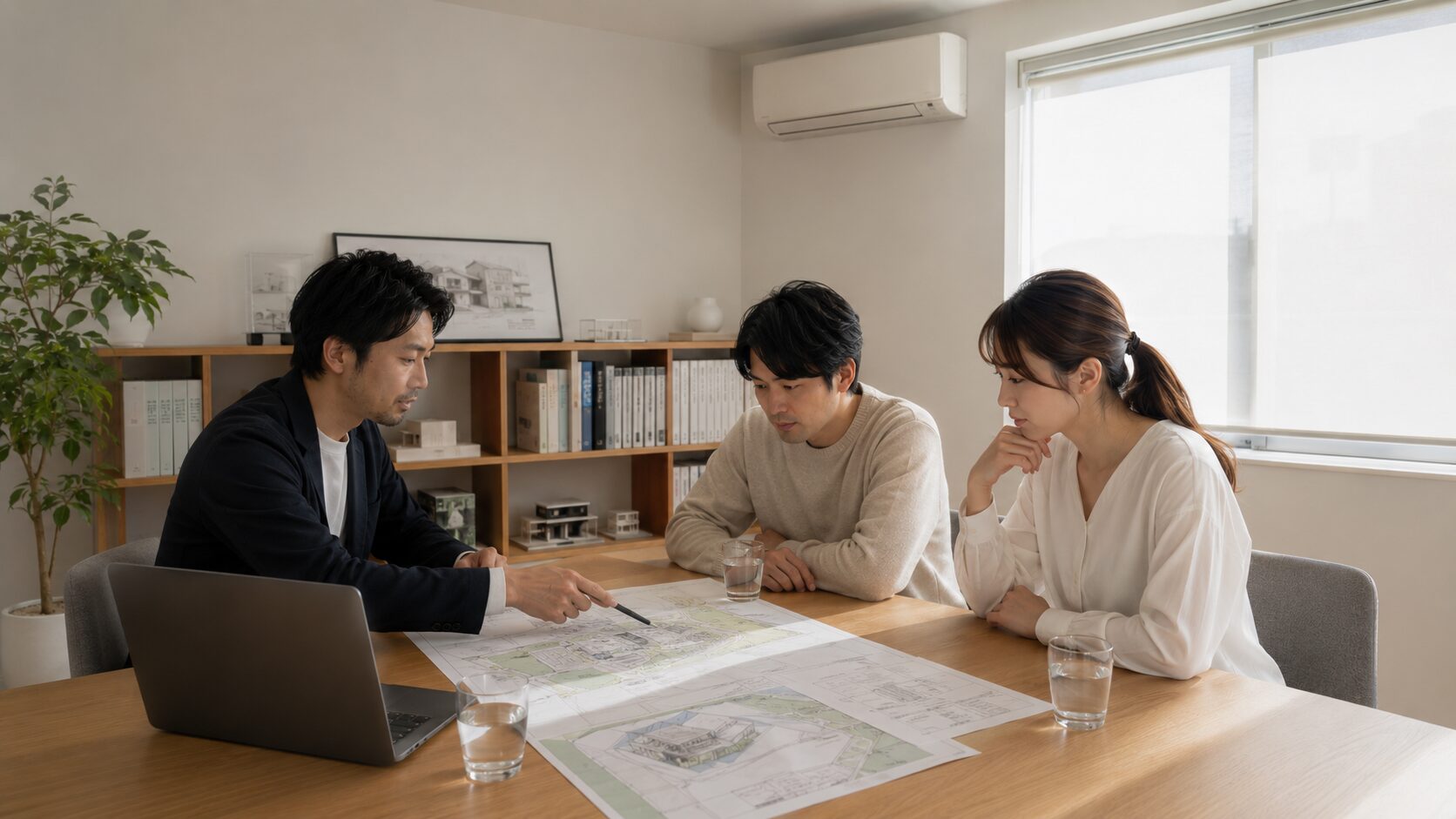 建築士の専門的なアドバイスを受けながら土地購入の最終的な判断手順を確認する夫婦