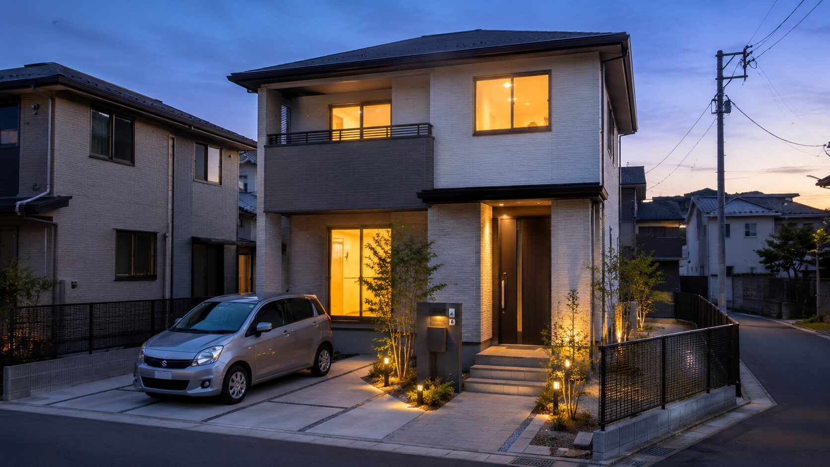 夕暮れ時に暖かな明かりが灯る横浜の標準的な注文住宅の外観