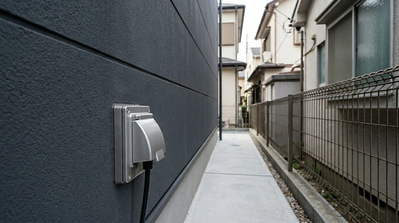 モダンな注文住宅の外壁に設置された防水仕様の屋外コンセント。建物のデザインに馴染むシンプルで機能的な配置。