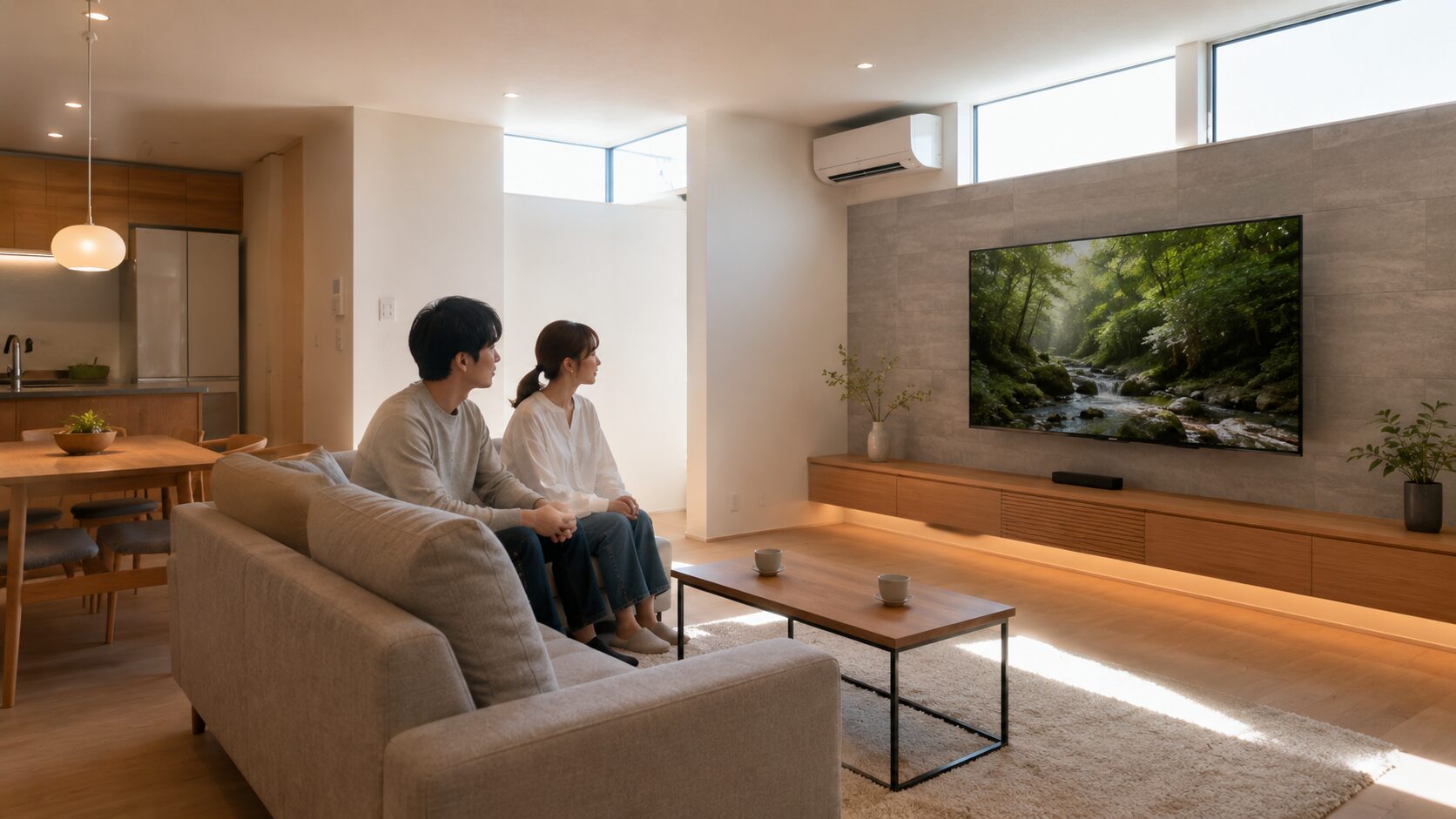 プライバシーを確保しながら高窓から光を取り入れた明るいリビングの間取り
