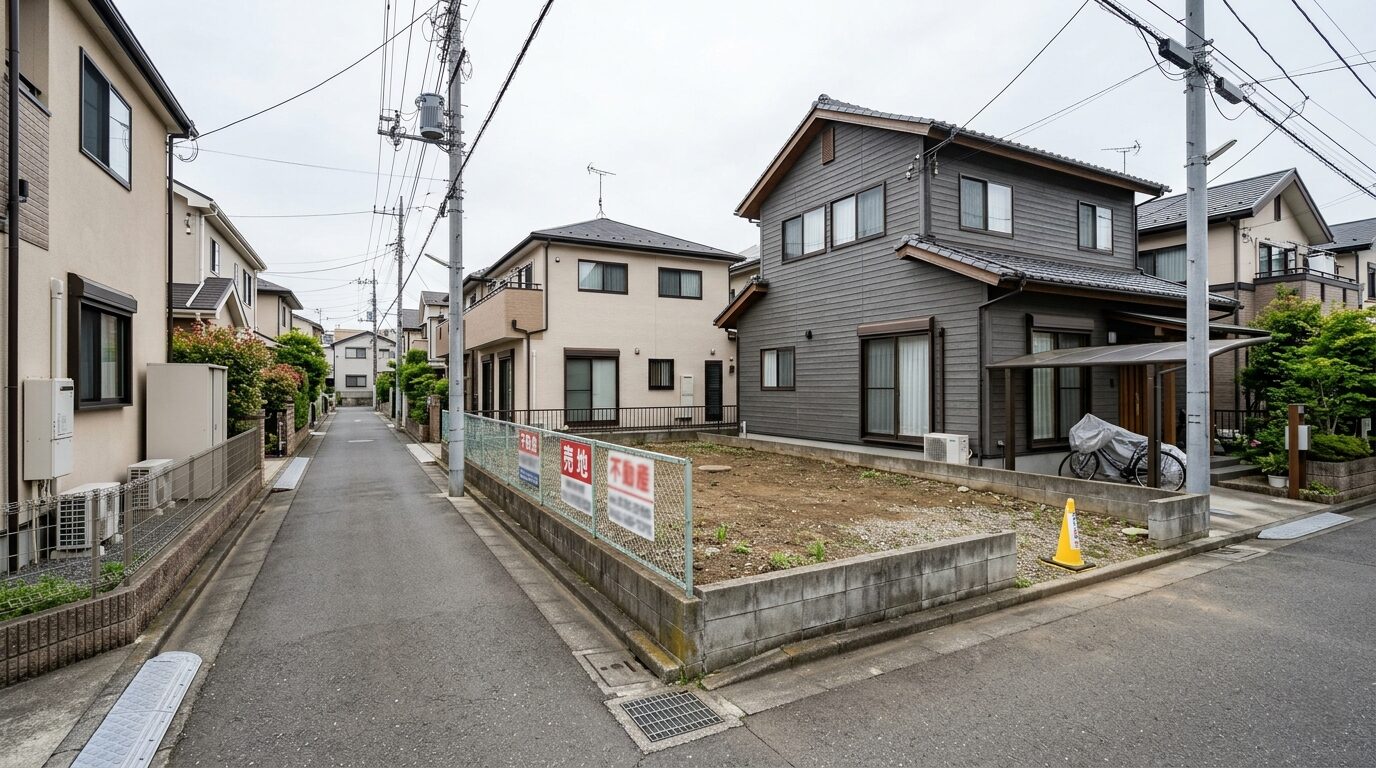 横浜の標準的な住宅街にある分譲地の更地と周辺の家並み