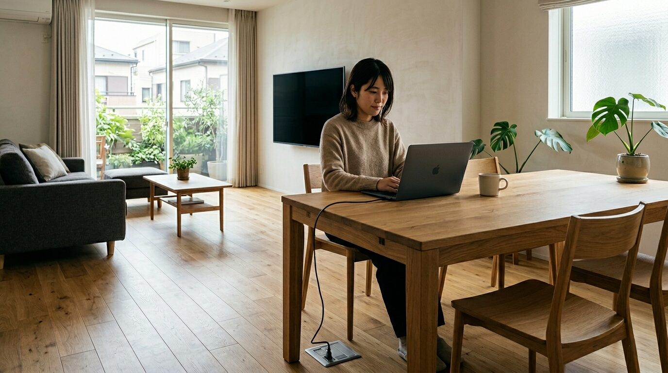ダイニングテーブルの下に設置されたフロアコンセントを活用して、テレワークを快適に行う様子。