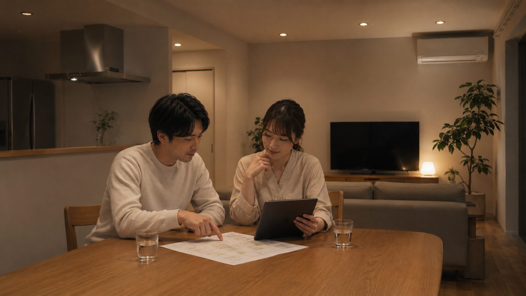 夜のリビングで家族にとって最適な土地選びの優先順位を話し合う夫婦