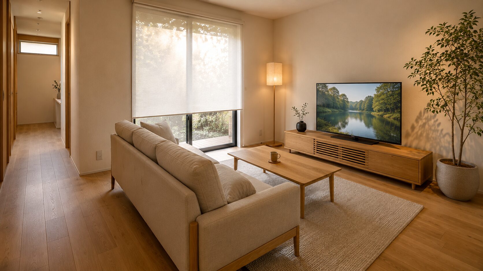 ソファとテレビが最適な距離で配置され、横にスムーズな生活動線となる通路幅が確保された暮らしやすいリビング