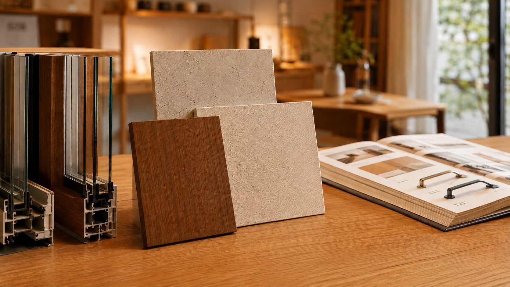 工務店で提示される自由設計の建材サンプルと仕様書。無垢フローリングに並ぶ品質の高い外壁やサッシの断面