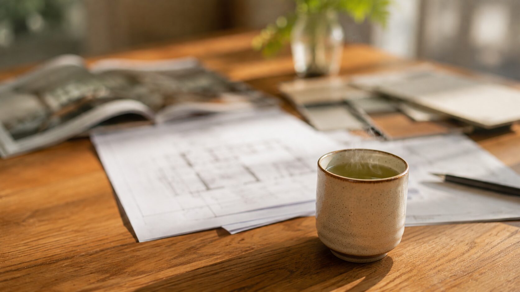家づくりの打ち合わせで、無垢のテーブルに広げられた図面と温かいお茶のカップ