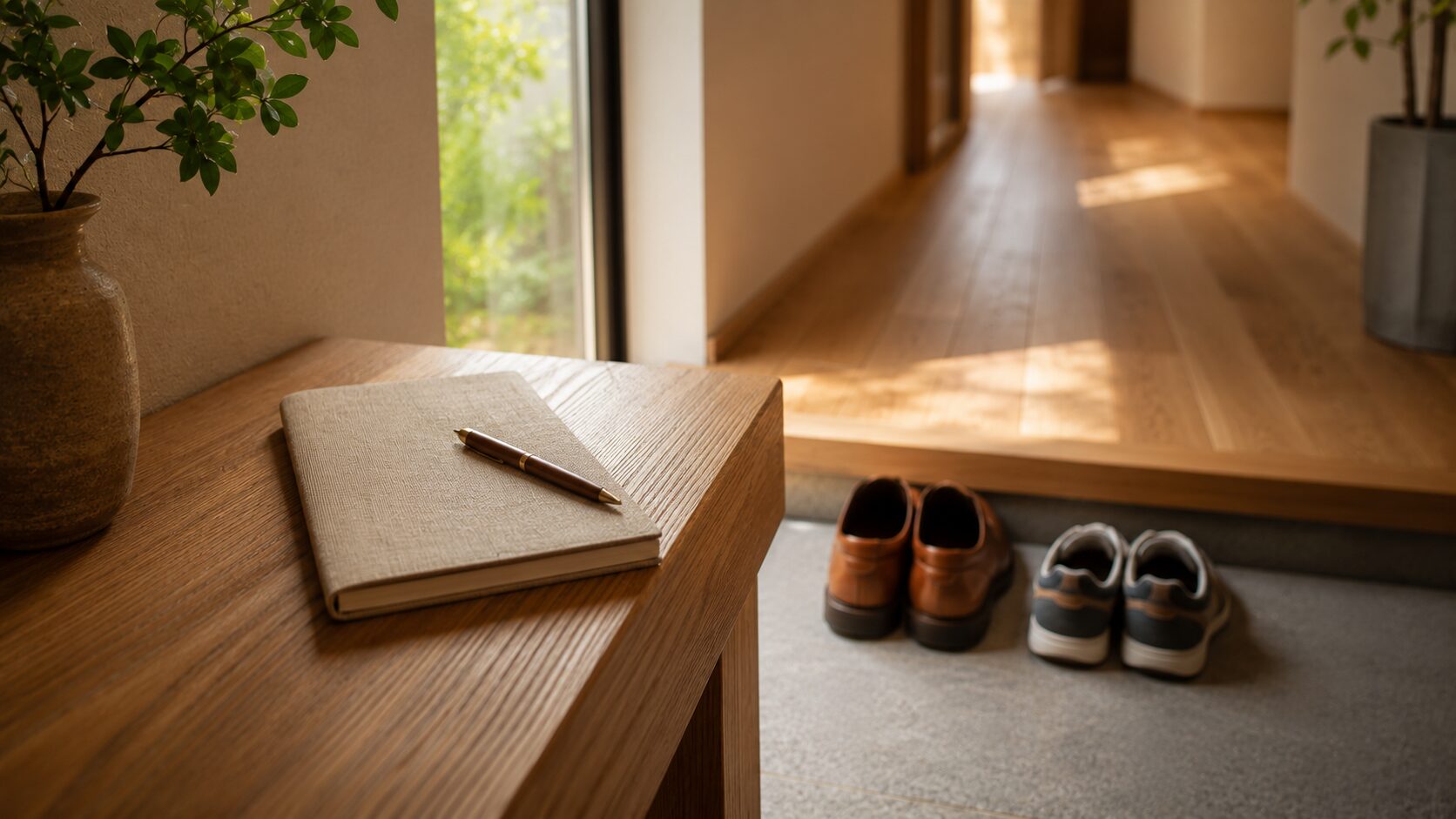 優しい朝の光が差し込む美しい無垢床の玄関と、家族のこれからの家づくりの歩みを象徴するノートの静物カット