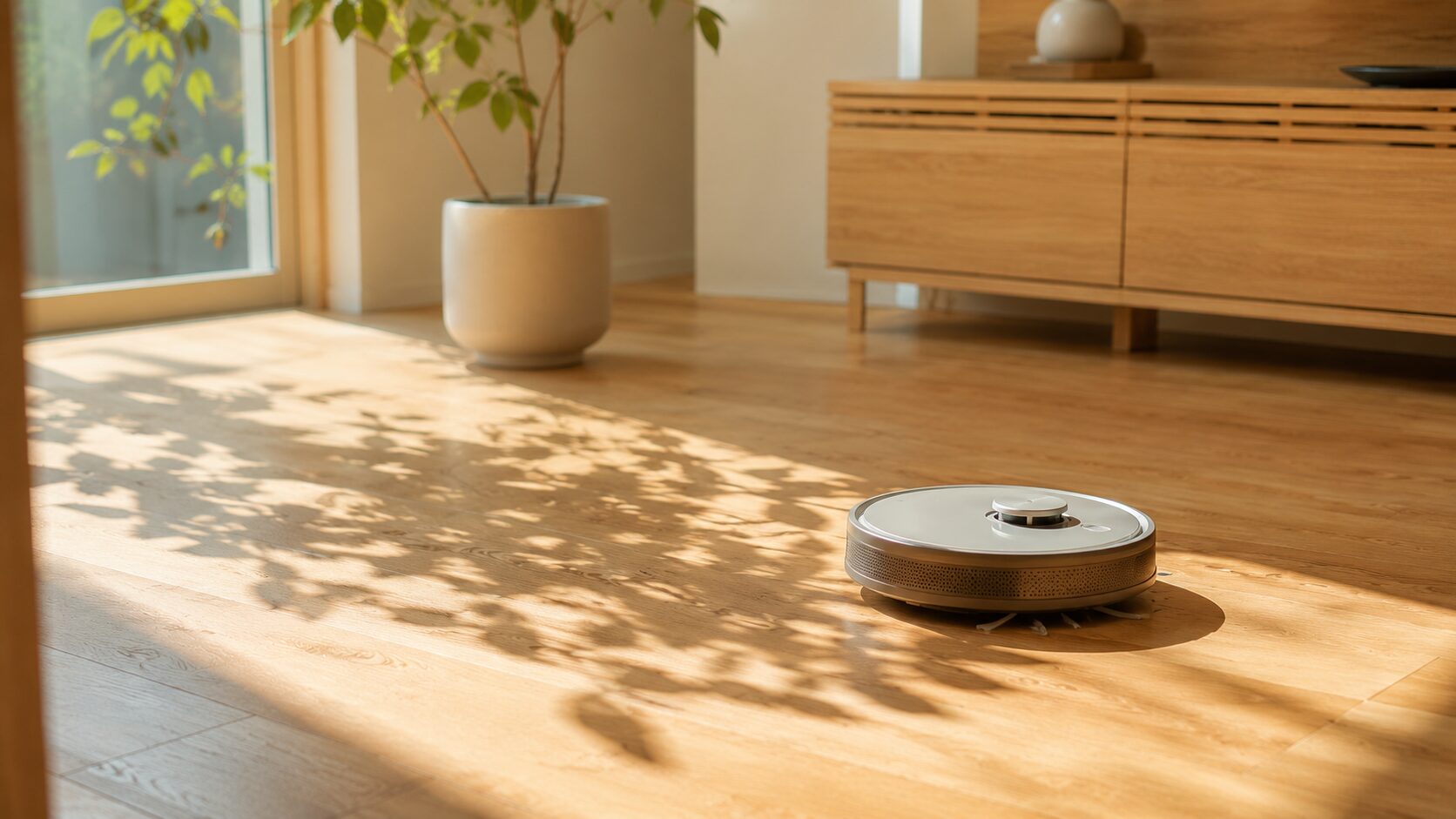 無垢床の上をスムーズに動くロボット掃除機と差し込む暖かな陽の光