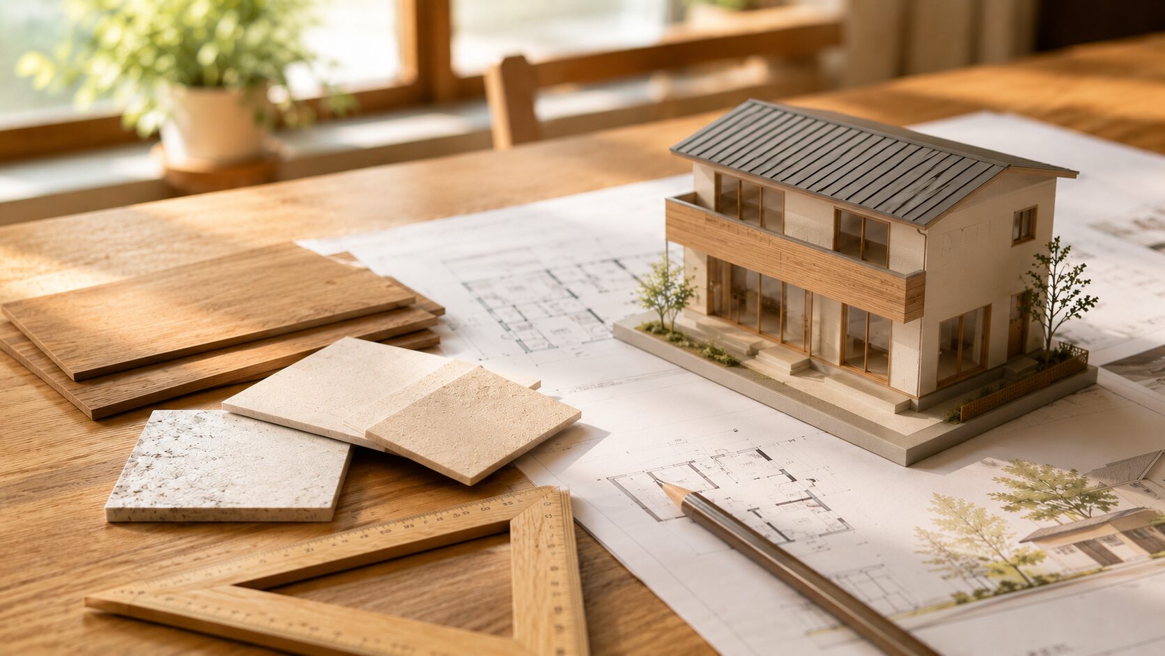 最適な収納計画のために間取り図面や木材サンプル、住宅模型を並べた打ち合わせの様子