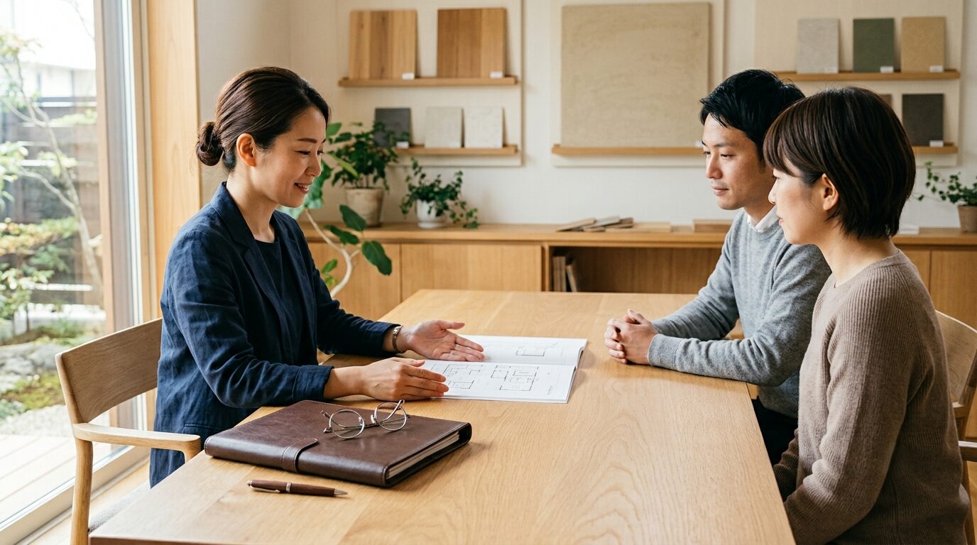 書類ファイルや眼鏡が整然と置かれた工務店の落ち着いた相談デスク