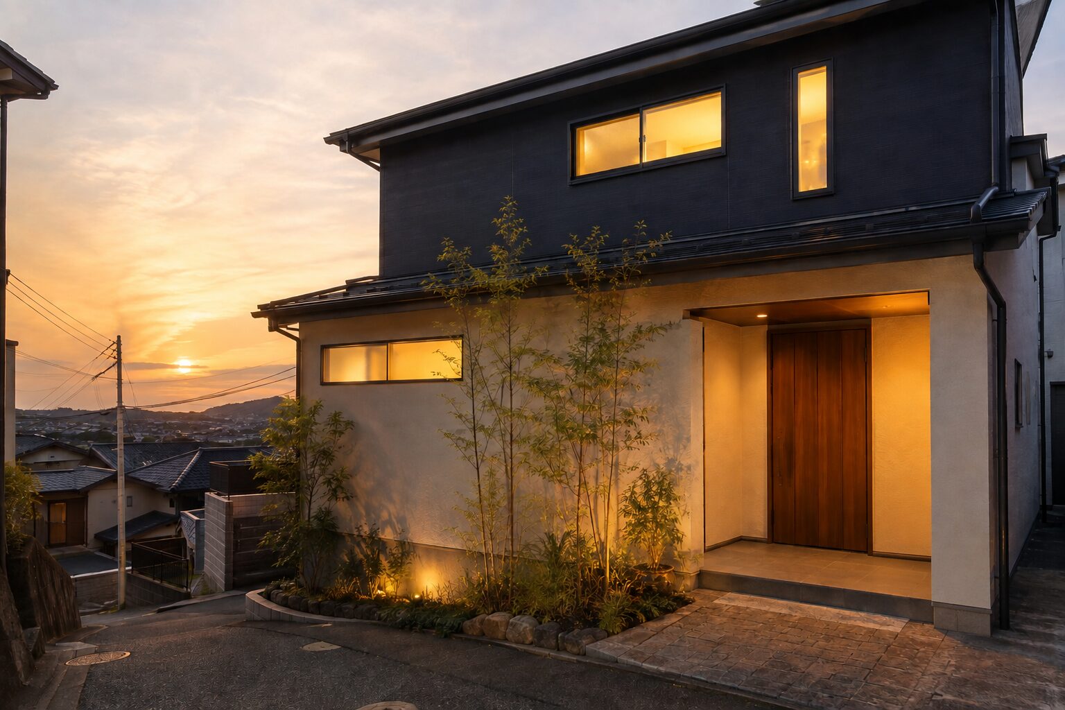夕暮れ時の横浜の落ち着いた住宅街と温かい明かりが灯る家｜地域の住宅会社に相談する第一歩のイメージ