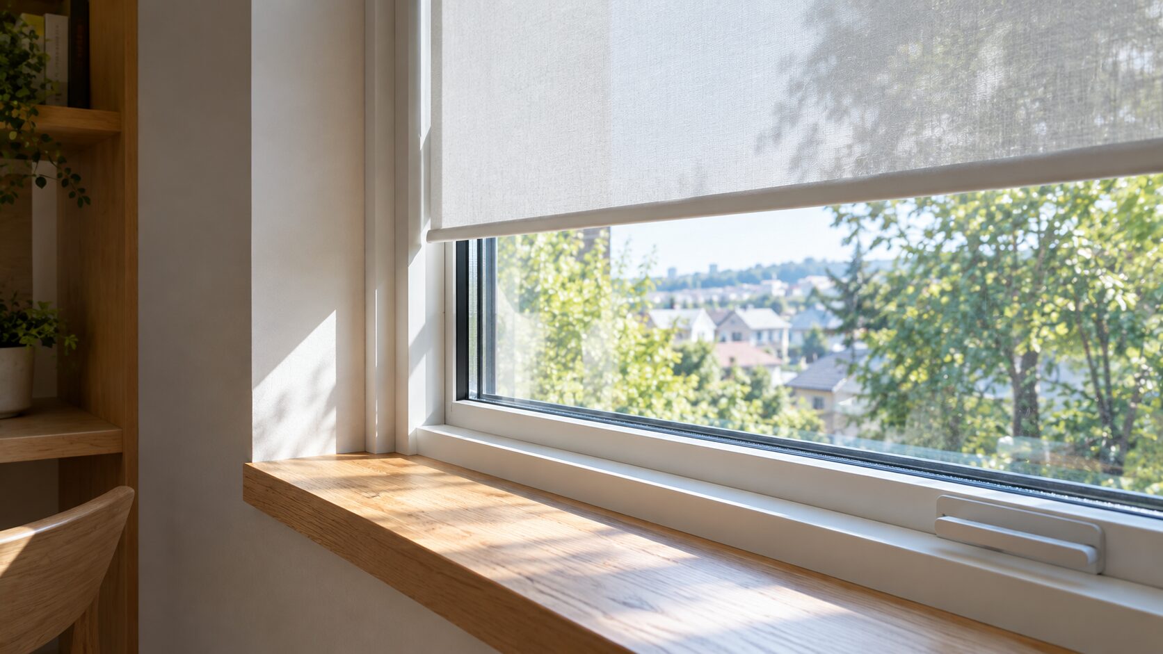 外気の暑さや寒さを遮断し、書斎の室温を快適に保つ高断熱サッシとシンプルなロールスクリーン