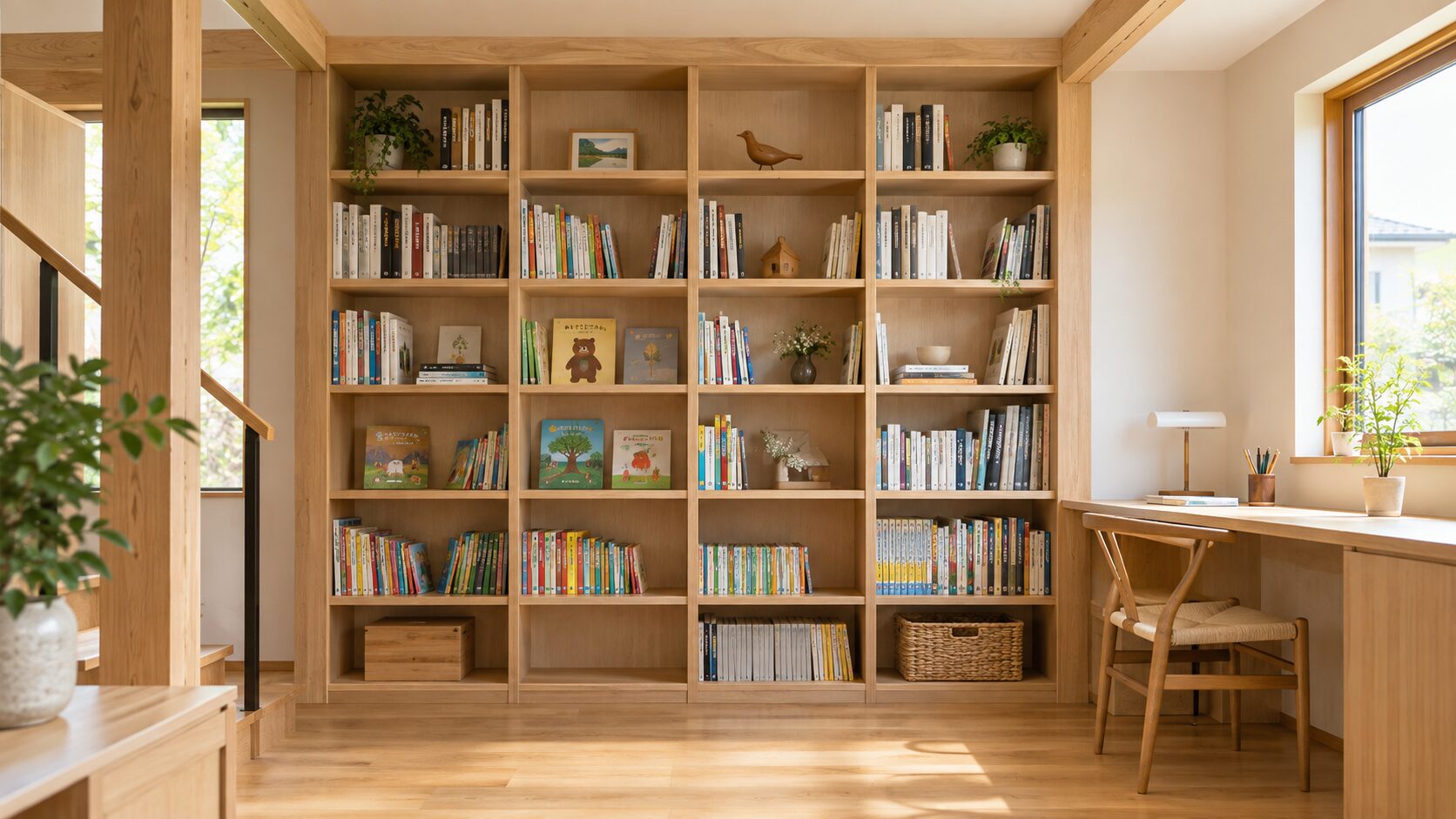 壁面いっぱいに堅牢に組まれた造作本棚とデスクが一体となり、家族で本や勉強スペースを共有できる多目的空間