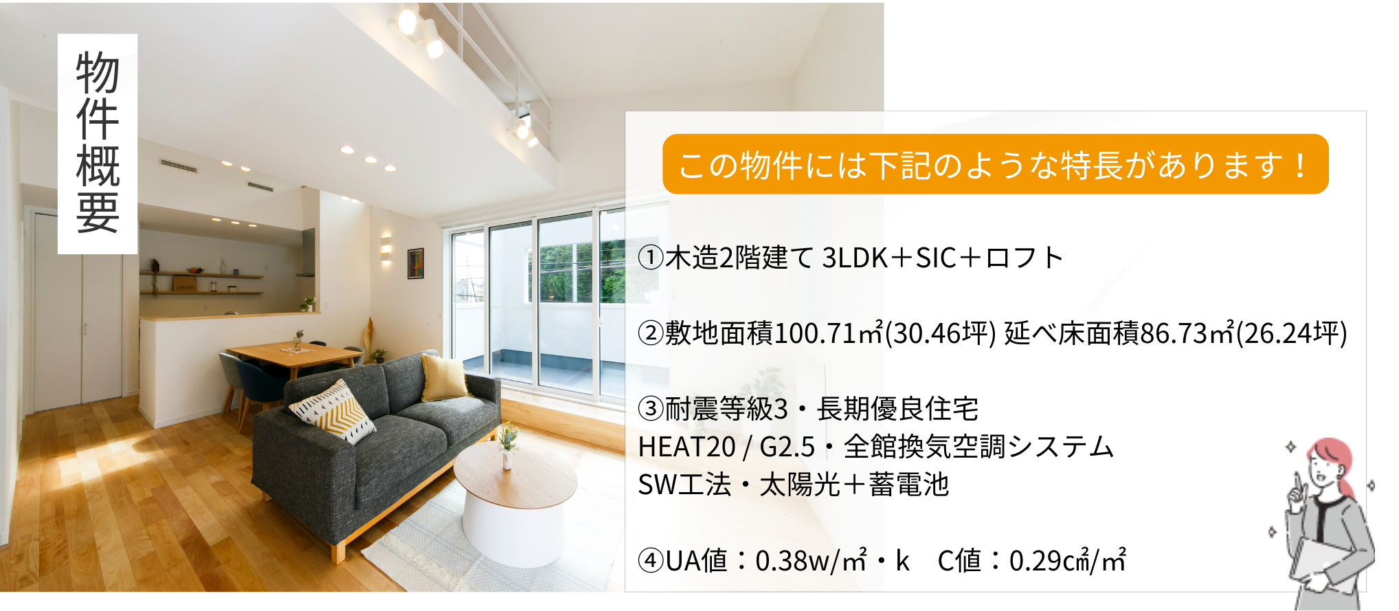物件概要 この物件には下記のような特長があります！ ①木造2階建て 3LDK＋SIC＋ロフト ②敷地面積100.71㎡(30.46坪) 延べ床面積86.73㎡(26.24坪) ③耐震等級3・長期優良住宅 HEAT20 / G2.5・全館換気空調システム SW工法・太陽光＋蓄電池 ④UA値：0.38w/㎡・k　C値：0.29㎠/㎡