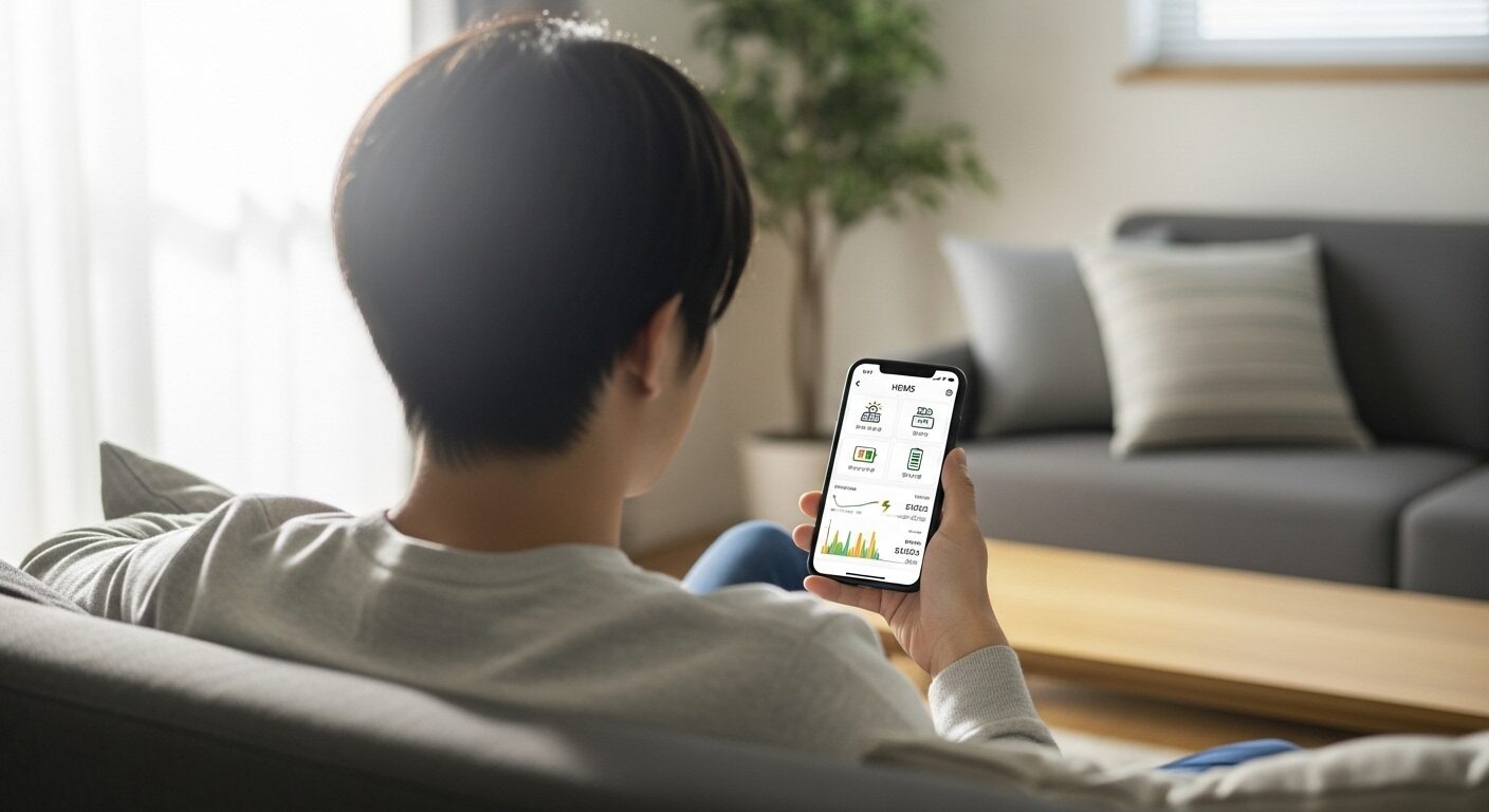 スマートフォンでHEMSアプリを操作し、GX ZEH住宅のエネルギー状況を確認する男性