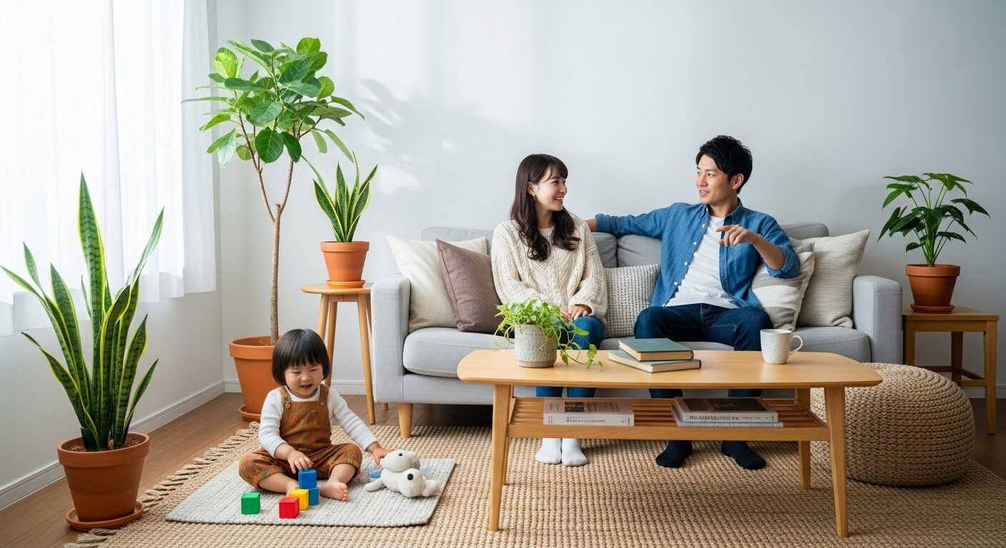 GX ZEH住宅の断熱等級6で実現する、明るく快適なリビングでくつろぐ家族。
