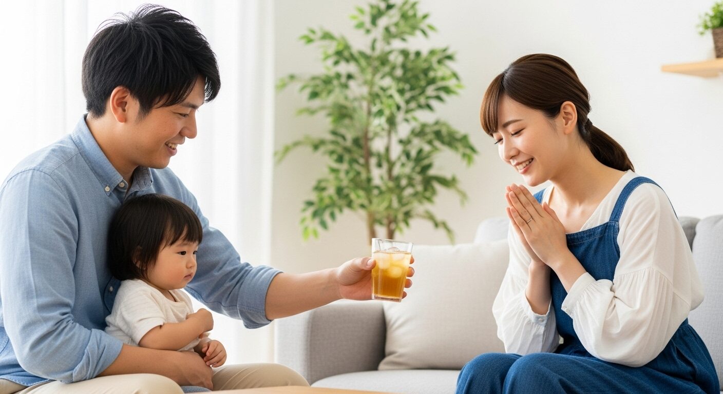夏のリビングで、夫が妻に冷たい麦茶を渡して優しく気遣っている、幼い子供のいる若い日本人家族
