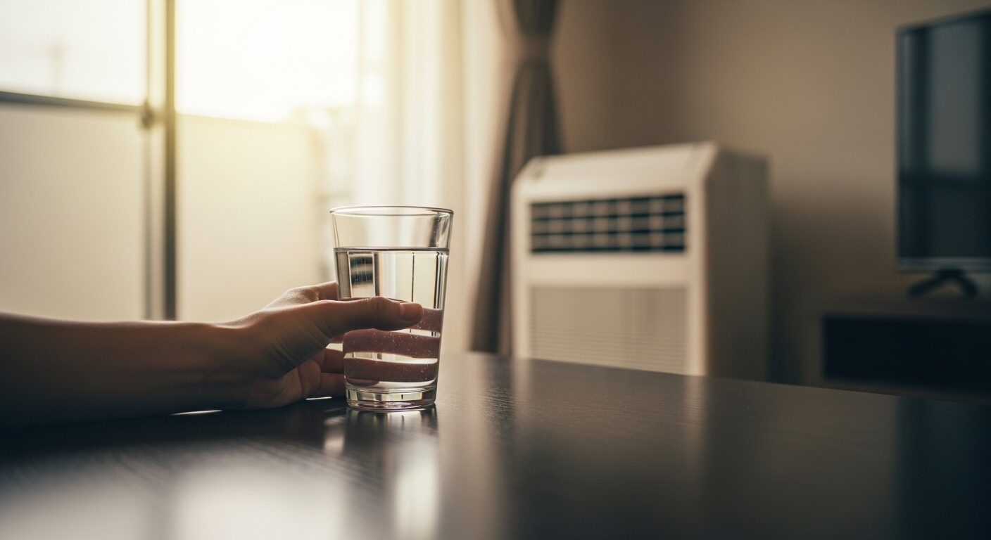夏の日のリビングで、エアコンが効いた部屋の中からテーブルに置かれた水のグラスに手を伸ばしている様子
