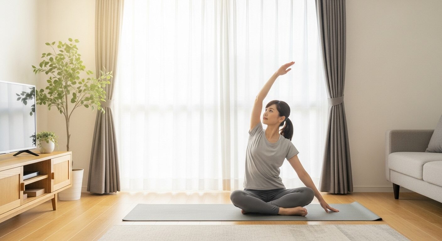 夏の朝、光が差し込むリビングで、健康的な生活習慣を象徴するようにストレッチをする日本人女性