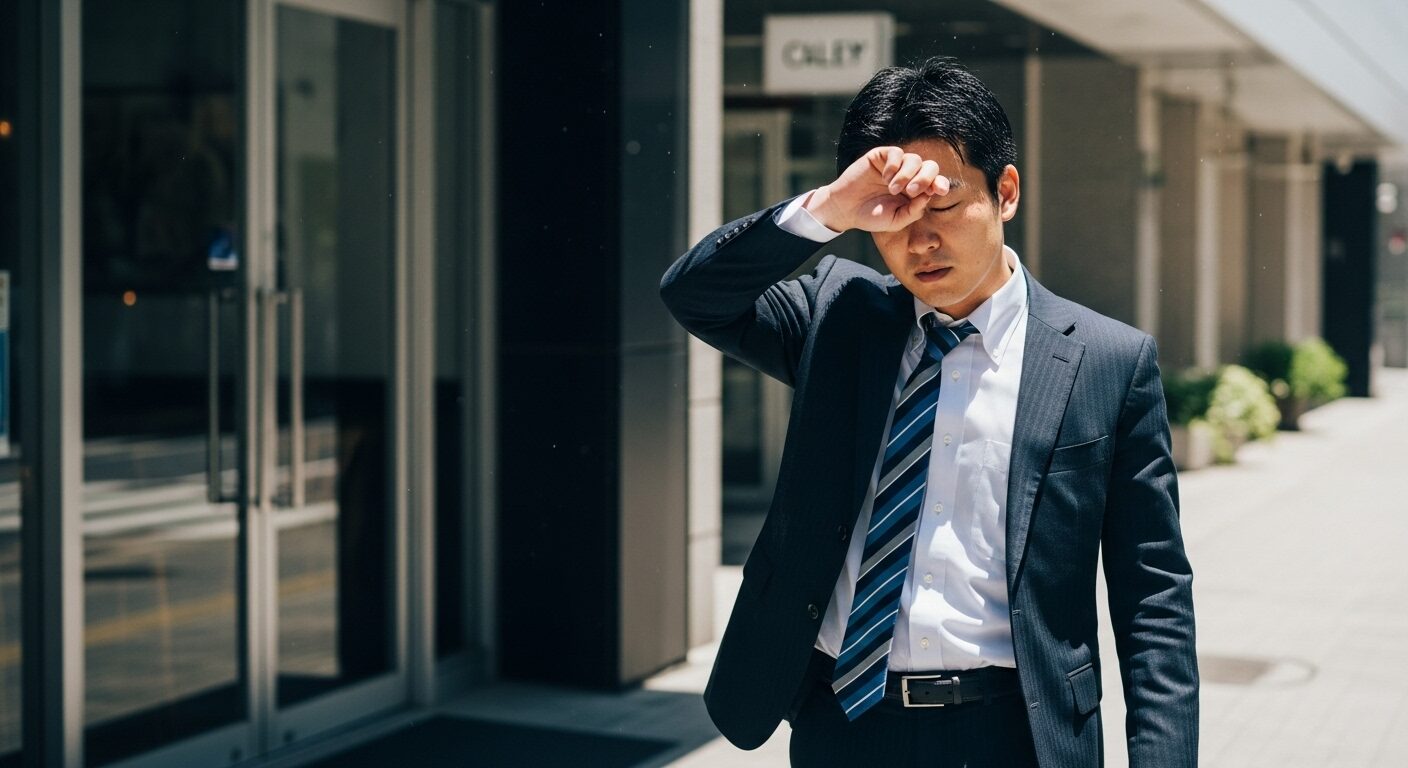 夏の猛暑日、スーツ姿で汗を拭いながらカフェに入る直前の20代日本人ビジネスマン。夏型ヒートショックが懸念される場面