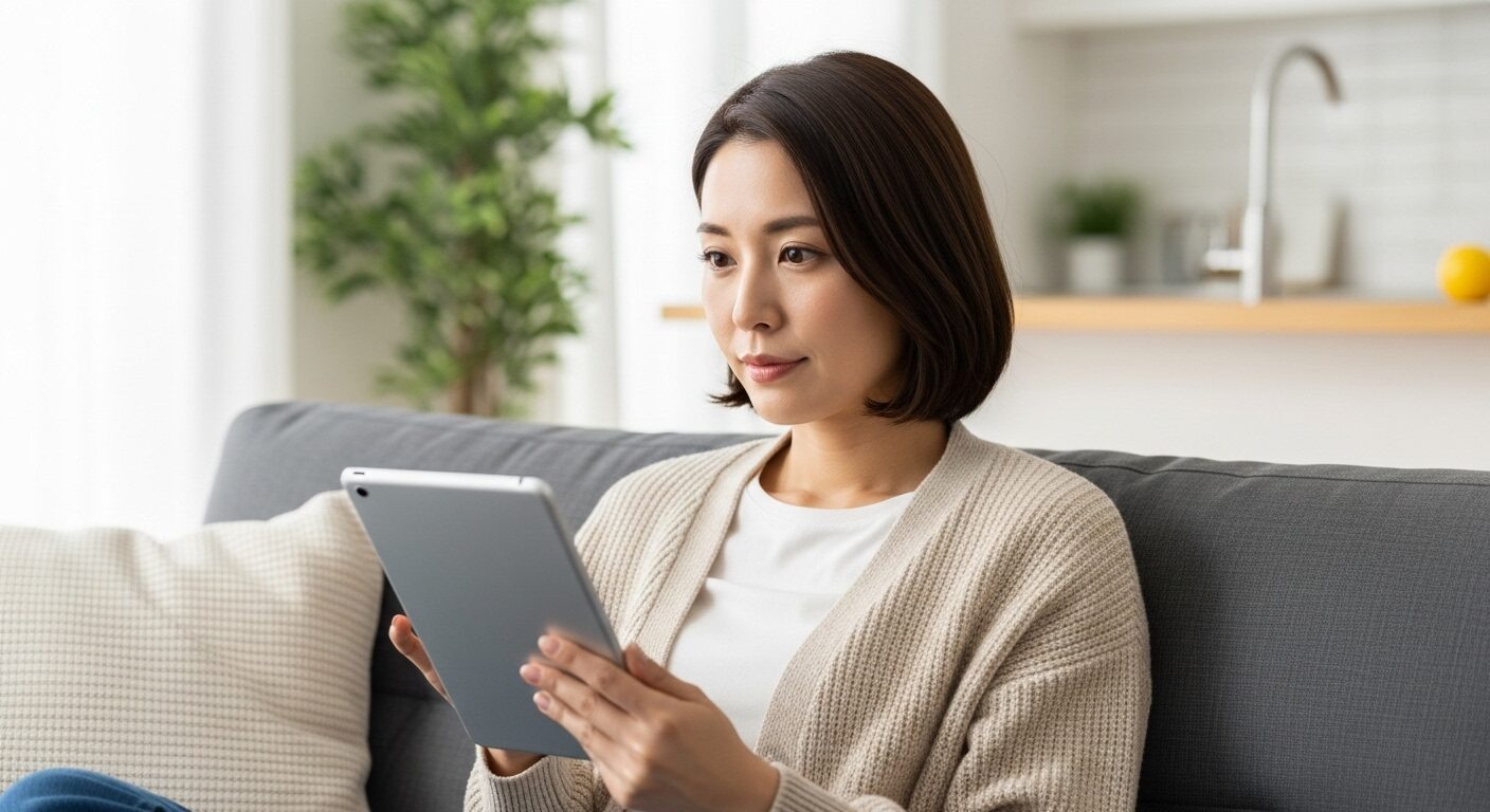 自宅のソファに座り、タブレットを見ながら自身の健康について真剣に考えている30代の日本人女性