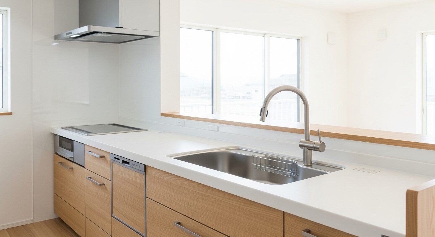 耐水石膏ボードが使われる、清潔感のあるモダンなキッチン