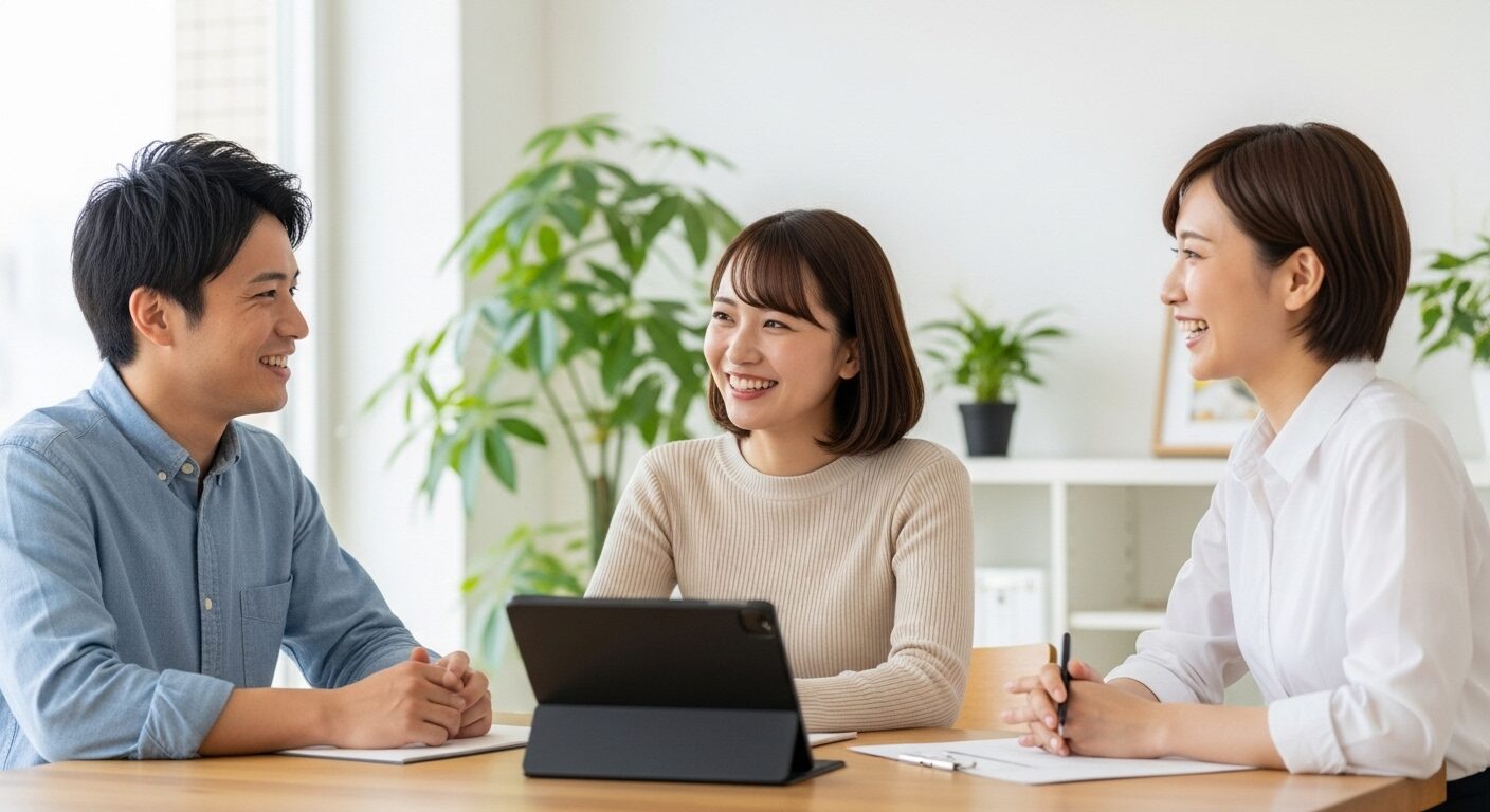 建築家とテーブルを囲み、笑顔で打ち合わせをする若い日本人夫婦