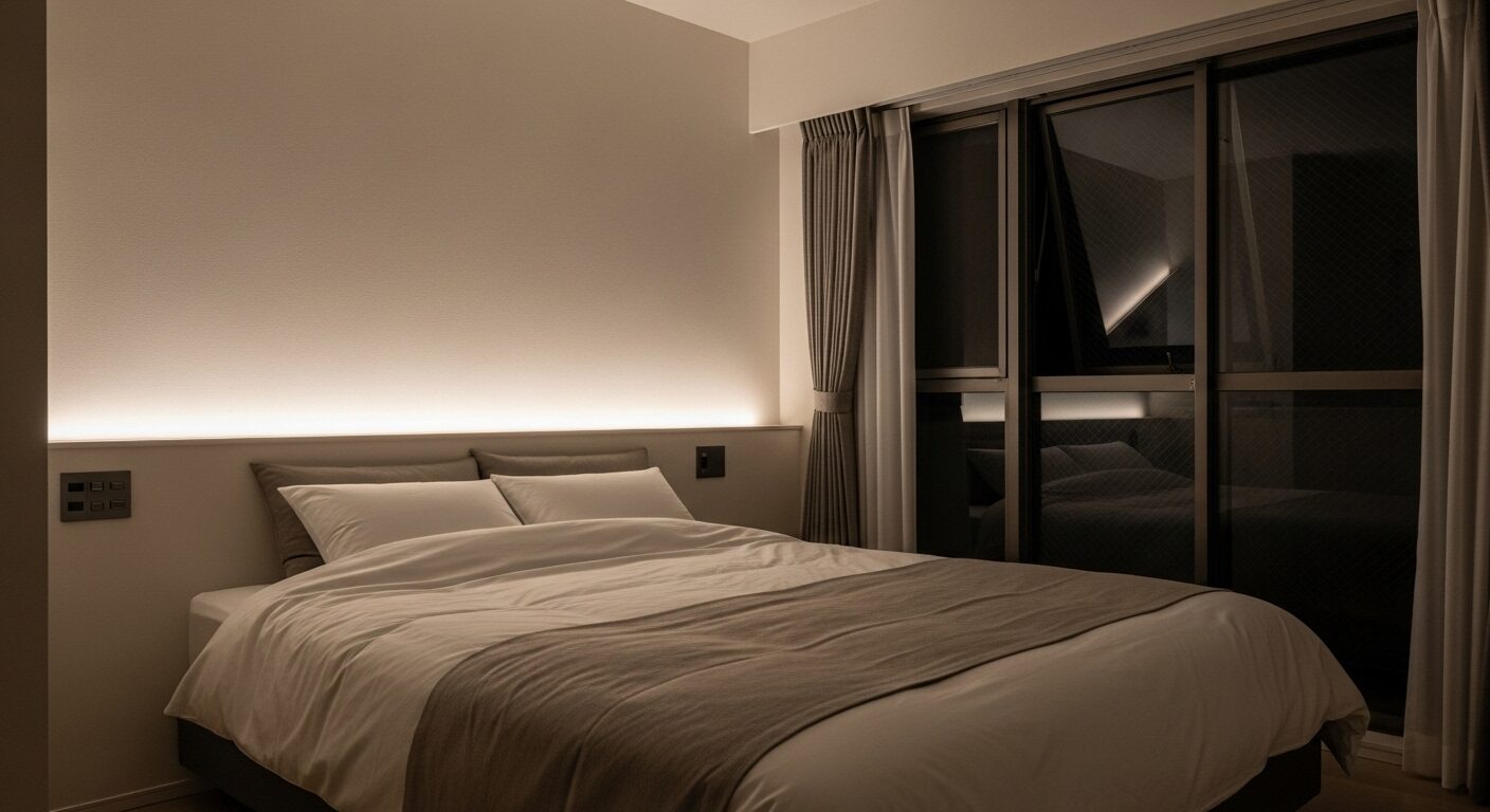 間接照明が照らす静かで快適なモダンデザインの寝室