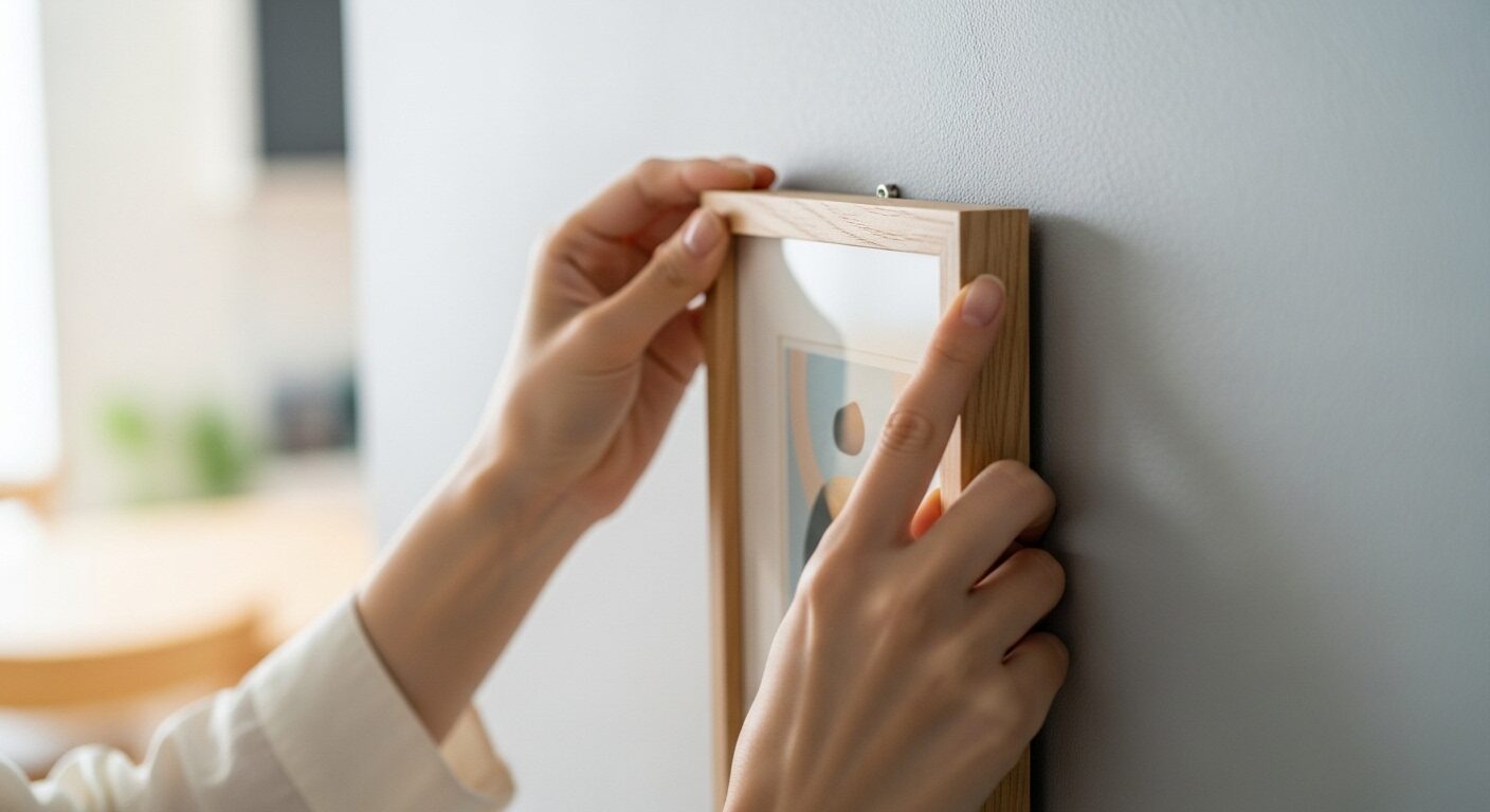 モダンな家の壁におしゃれなアートフレームをしっかりと取り付けている様子