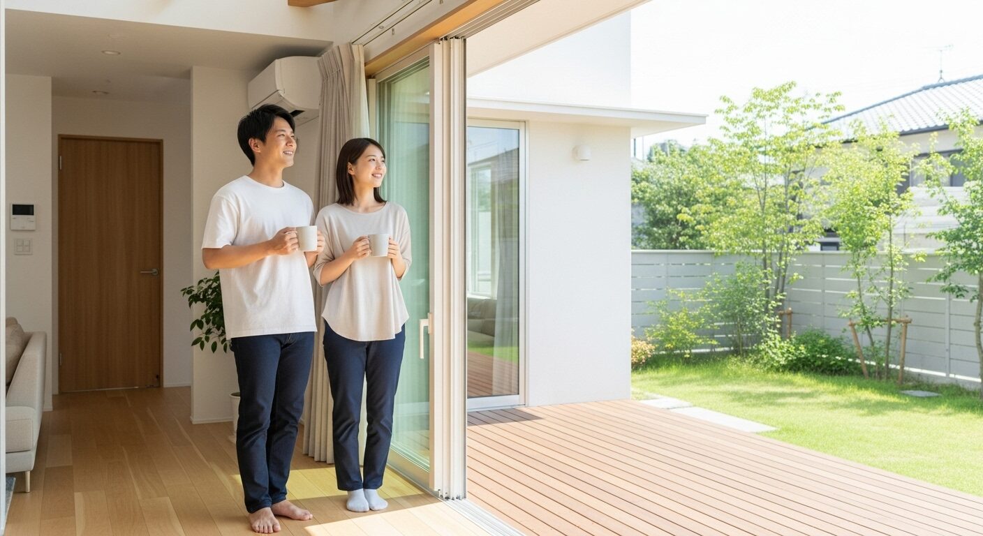きれいな空気環境が整った家で、ウッドデッキに面した窓を開け放ち、リラックスして過ごす若い夫婦