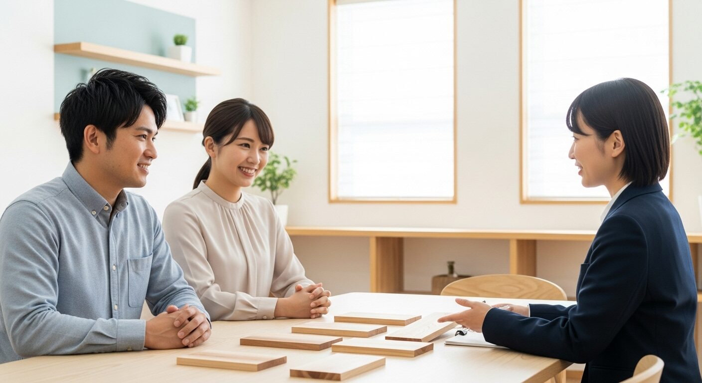 後悔しない家づくりのために、工務店で杉の木材サンプルを見ながら専門家と打ち合わせをする夫婦