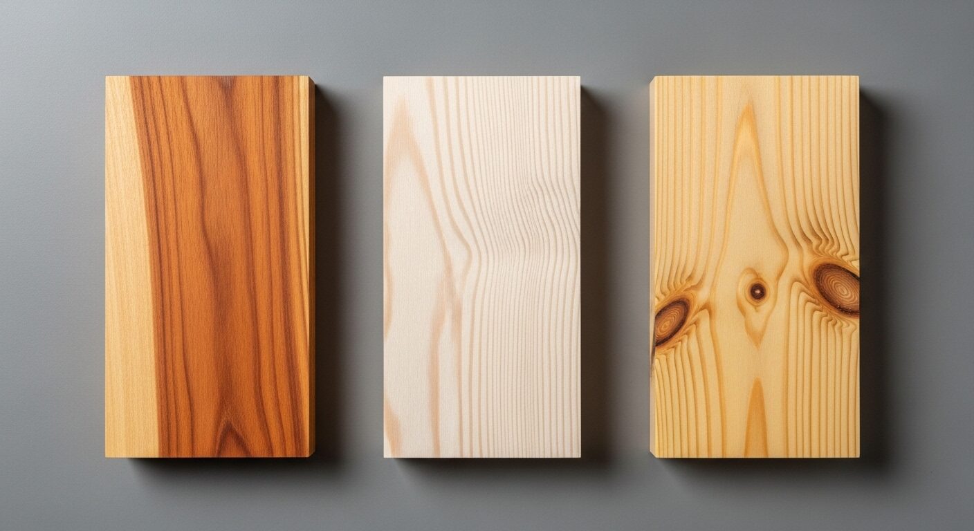 杉とヒノキ、パイン材の木材選びの比較。それぞれの木目や色の違いがはっきりとわかる木材サンプル