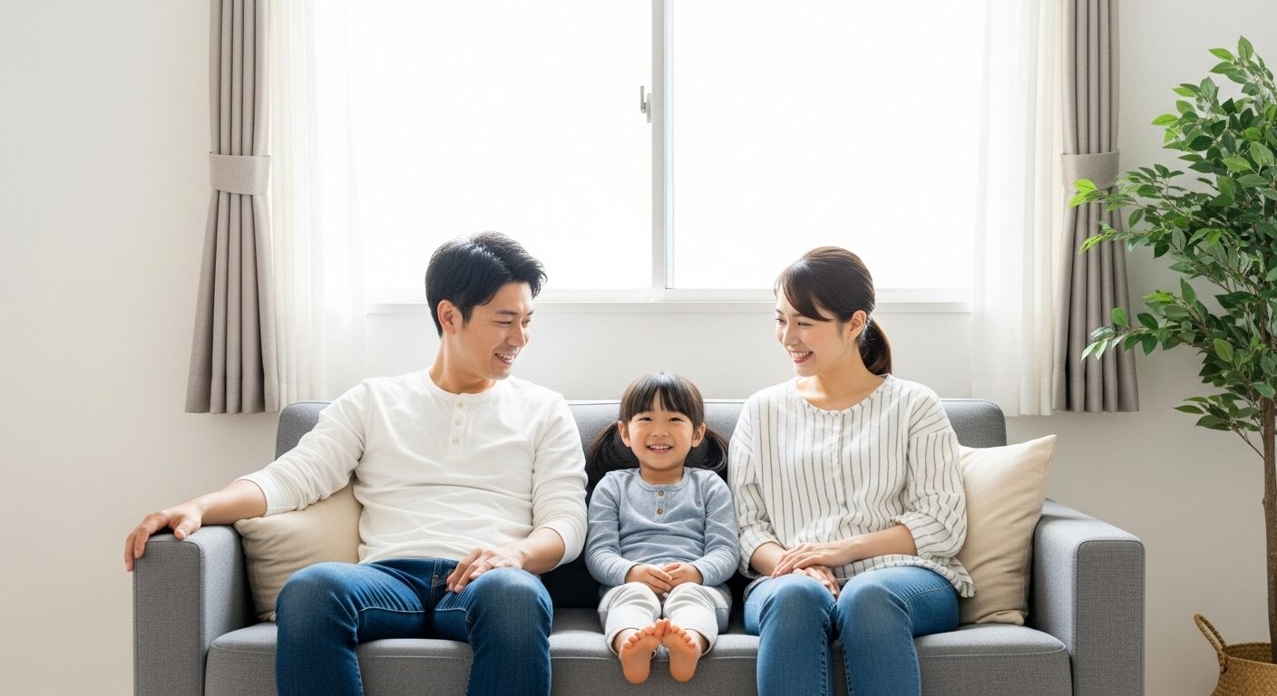 窓を閉めたまま、きれいな空気のモダンなリビングで心地よさそうにくつろぐ若い日本人の家族