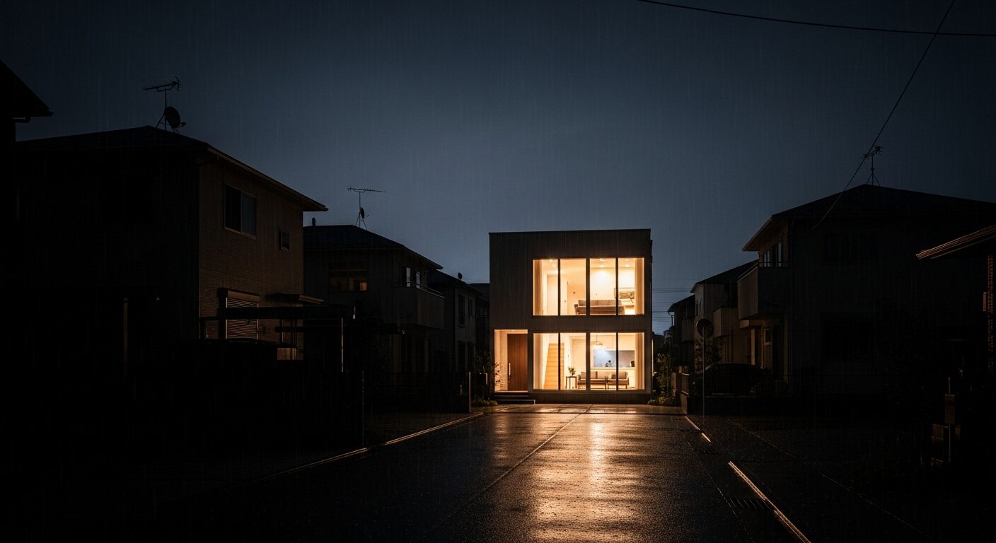 停電で真っ暗な住宅街の中で、一軒だけ明かりが灯っているスマートハウス。災害に強いレジリエンス性能を象徴。