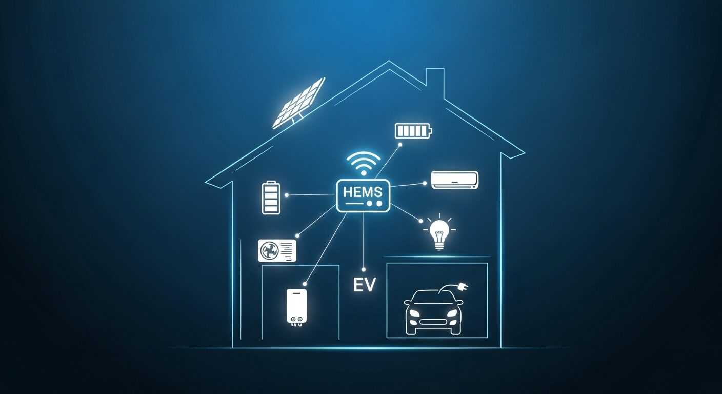 HEMSの仕組みを示すグラフィック。家のアイコンを中心に、太陽光発電、蓄電池、エアコン、給湯器、EV、照明のアイコンがエネルギー線で結ばれている。