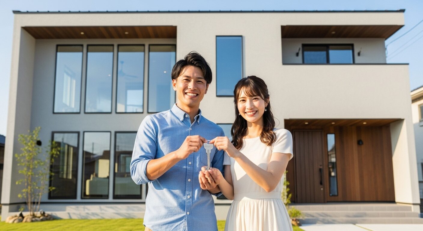 マイホームの資産価値を象徴する、家の鍵を手に喜ぶ若い日本人夫婦