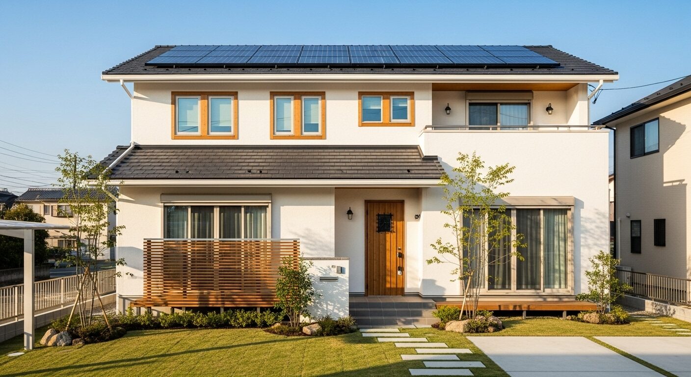 青空の下、屋根に太陽光パネルが設置されたHEMS導入済みのモダンな省エネ住宅(ZEH)