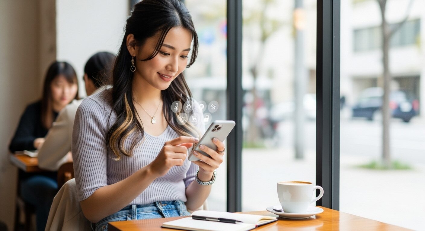 外出先のカフェから、HEMSと連携したスマートフォンで自宅のエアコンや給湯器を遠隔操作する女性