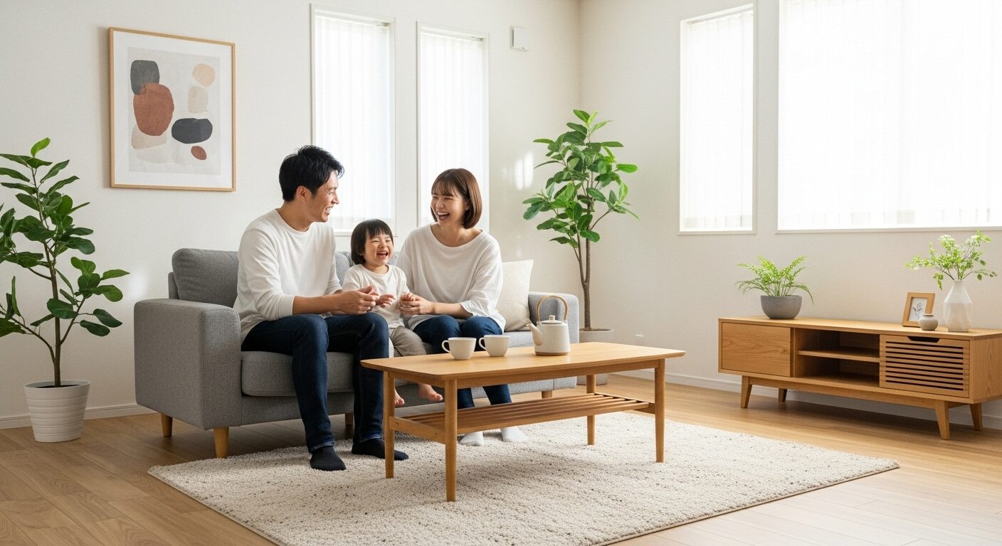 モダンな住宅のリビングでくつろぐ家族。理想のライフスタイルをイメージ。