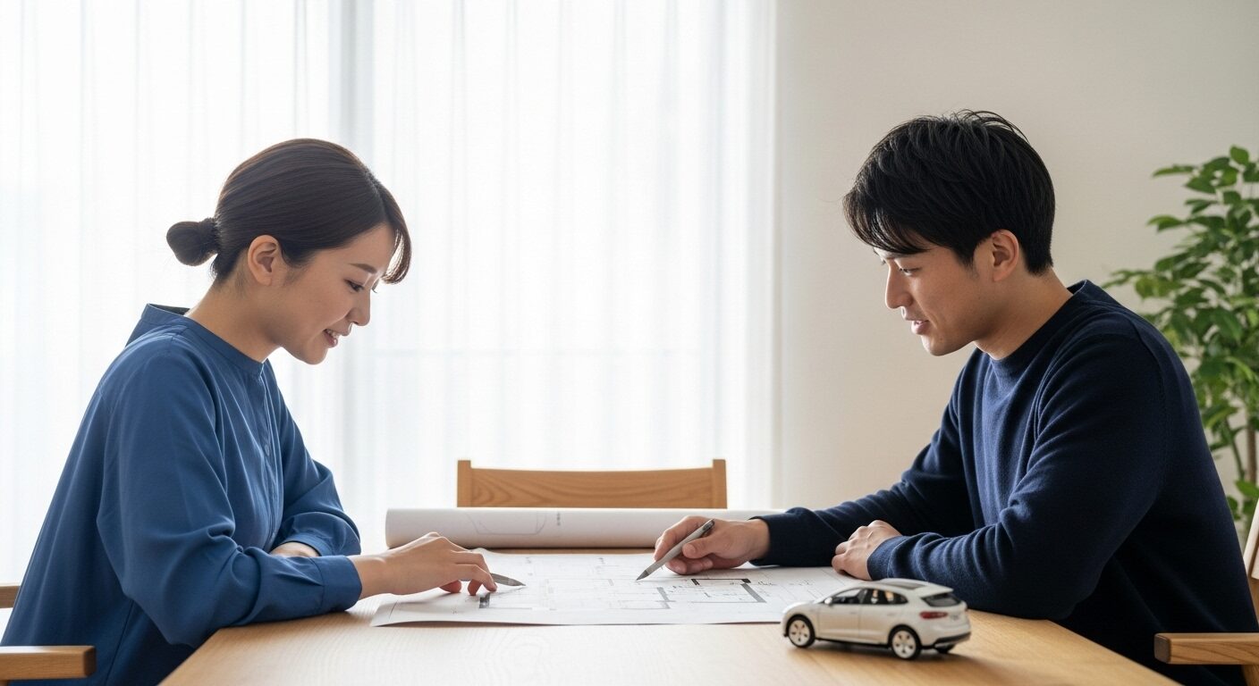 新しい家のリビングで、V2H導入の注意点や計画について話し合う若い夫婦。テーブルには家の間取り図とEVの模型が置かれている。