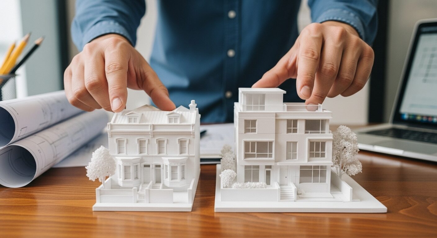 テラスハウスとタウンハウスの建築模型を比較する建築家の手元